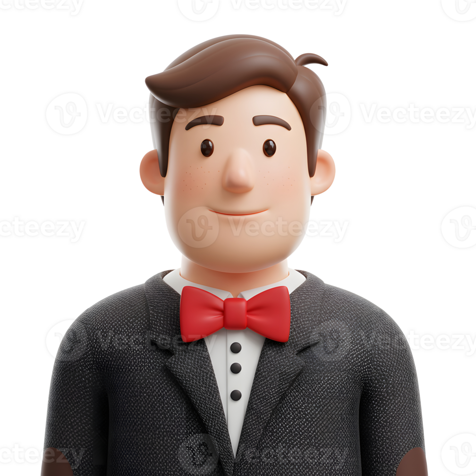 A cheerful 3D cartoon man smiles warmly. He's dressed in a dark suit and a vibrant red bow tie, creating a friendly and approachable mood. png