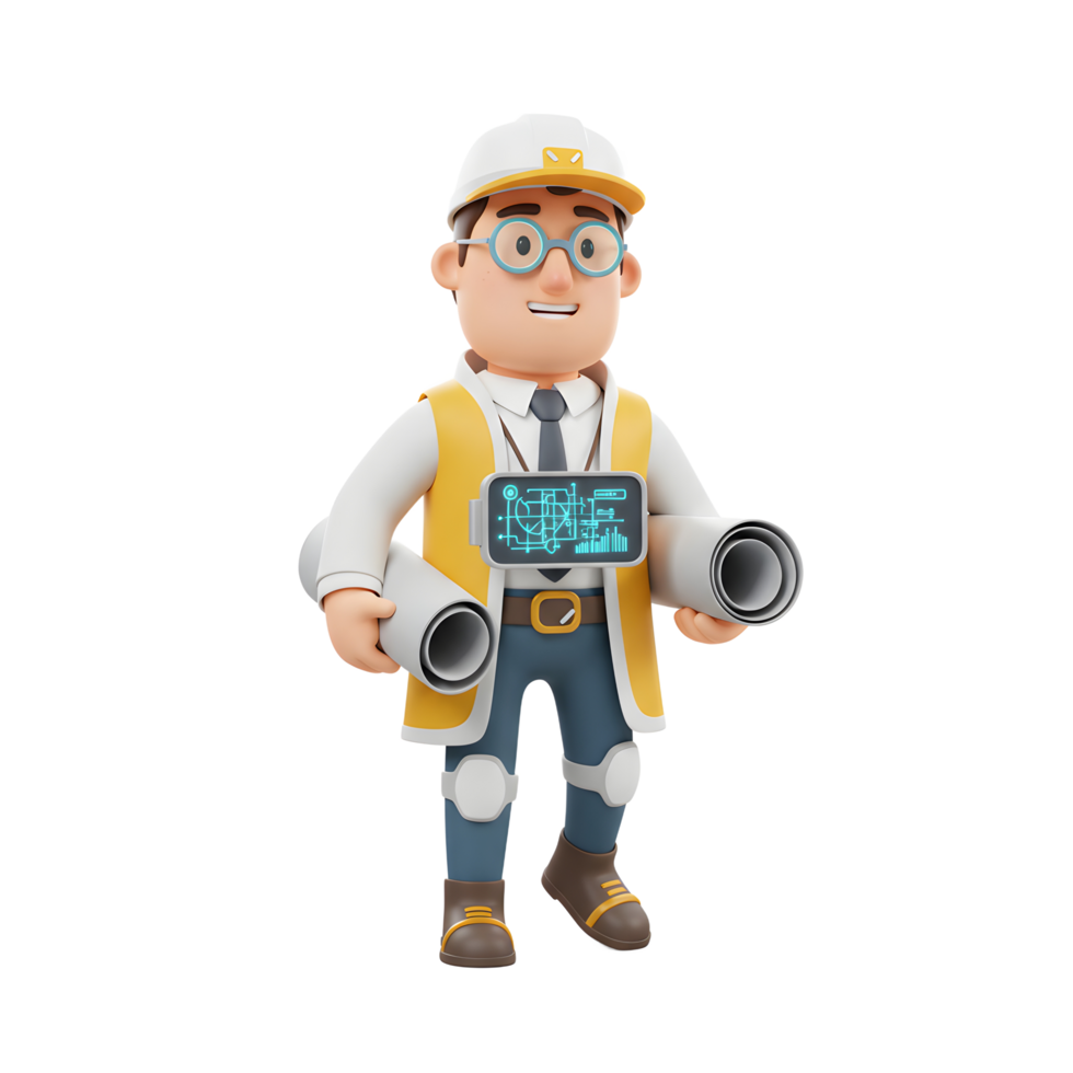 A friendly 3D cartoon architect smiles confidently, holding blueprints and a futuristic smart device. The scene is bright and cheerful, conveying competence and innovation. png