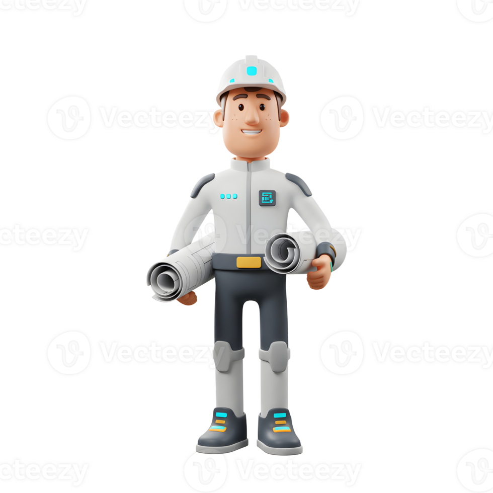 A friendly cartoon engineer, in a futuristic suit and helmet, proudly holds rolled-up blueprints. His cheerful expression and bright attire create a positive and optimistic mood. png