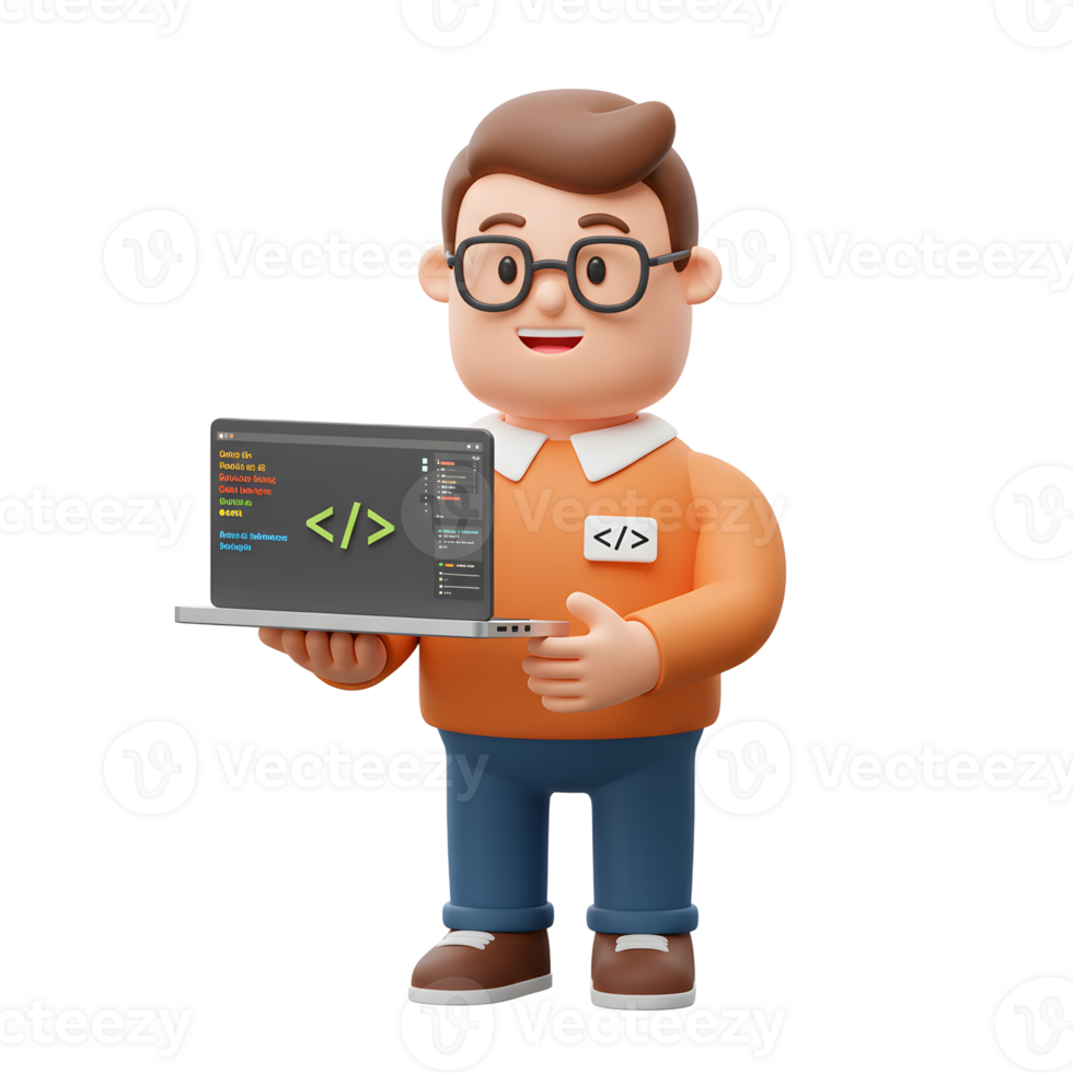 A cheerful 3D cartoon programmer presents a laptop displaying code. His friendly smile and bright orange shirt create a welcoming, approachable feel. png