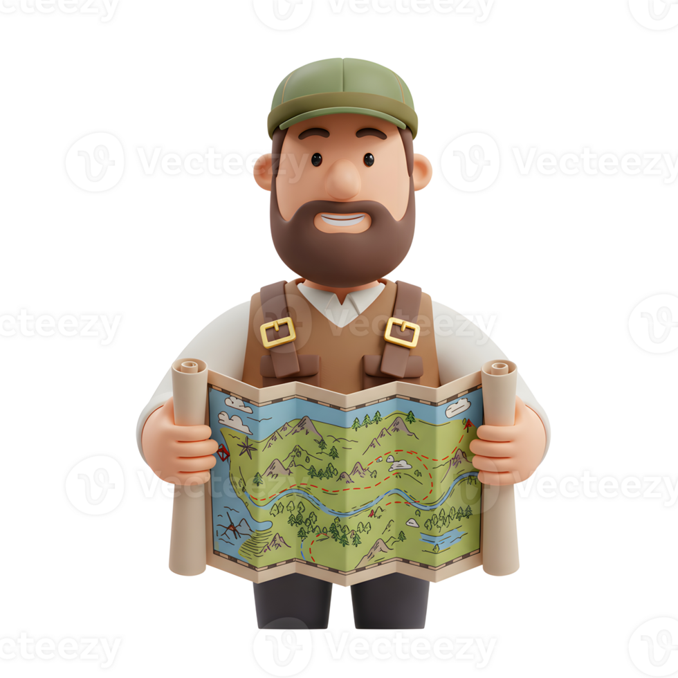 A friendly, bearded man smiles warmly as he unfolds a whimsical map, showcasing a charming landscape full of mountains and rivers. The scene is lighthearted and inviting. png