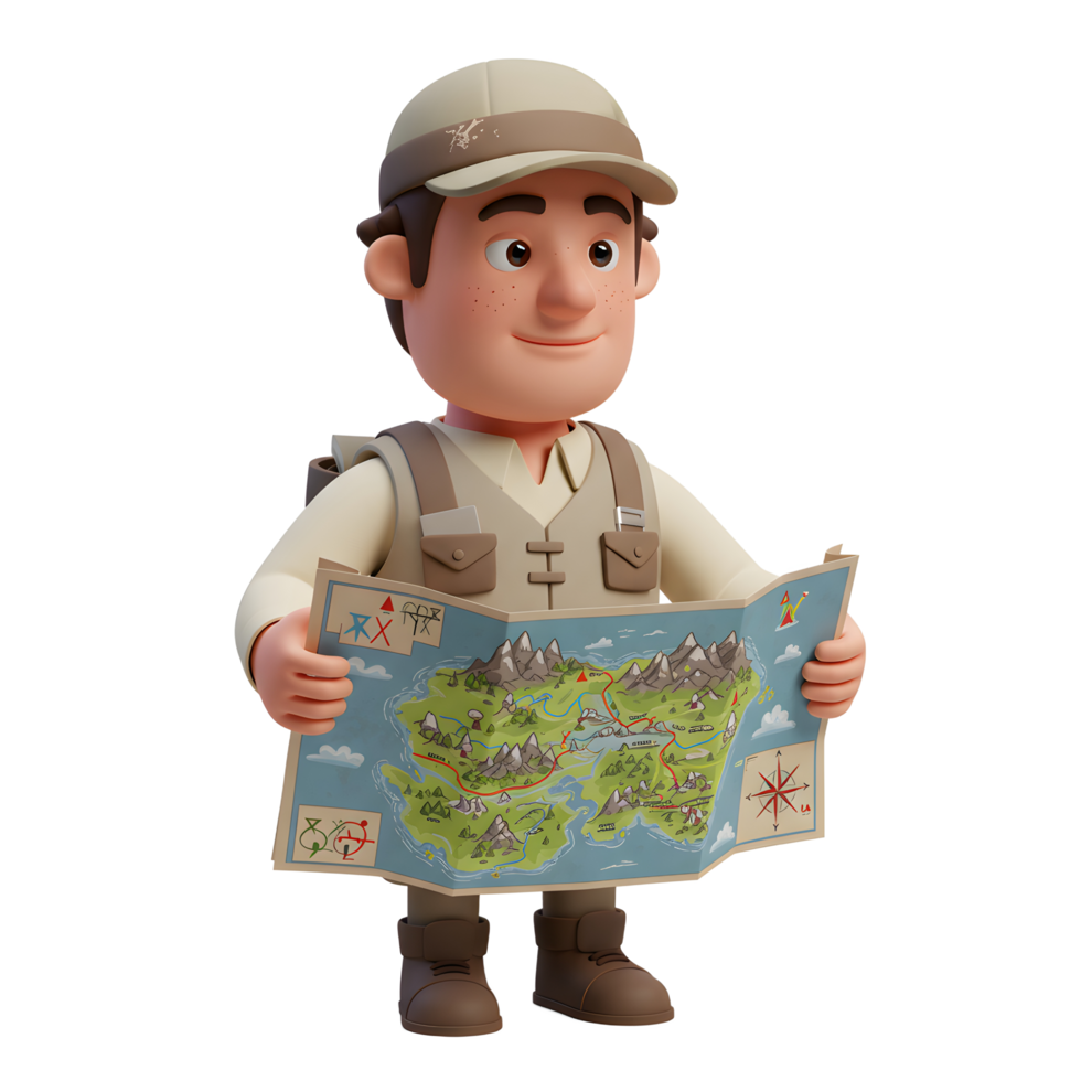 A happy cartoon adventurer, backpack on, carefully examines a whimsical hand-drawn map, planning his next exciting expedition. The scene is lighthearted and adventurous. png