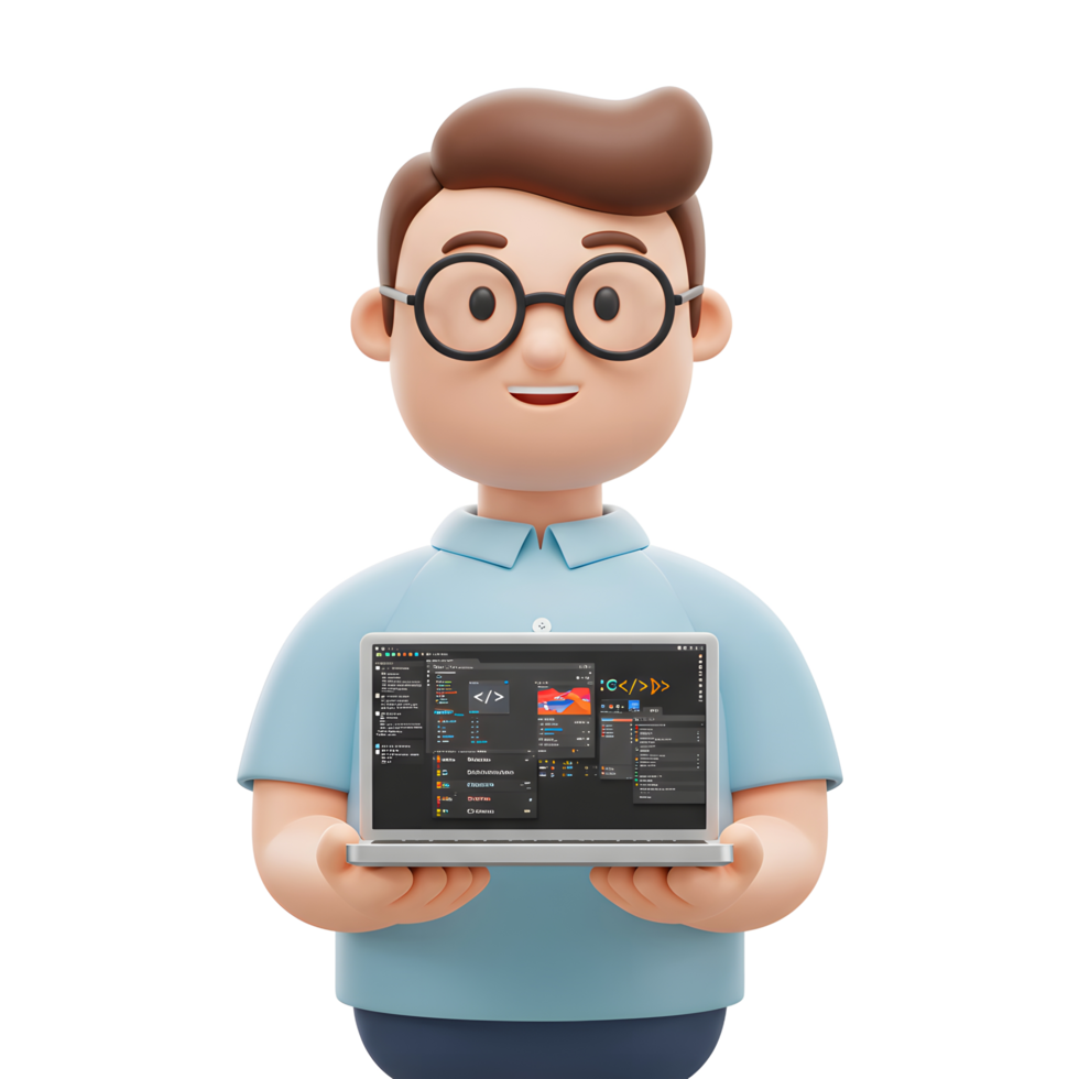 A cheerful cartoon programmer proudly displays a coding interface on his laptop. Bright, friendly, and techy png