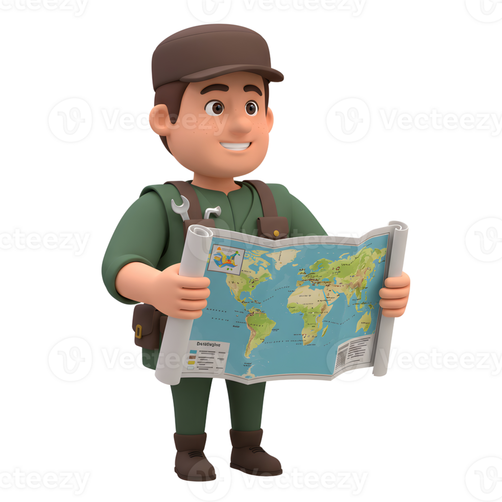 A smiling cartoon explorer, dressed in green, holds a detailed world map, ready for adventure. The scene is cheerful and optimistic. png