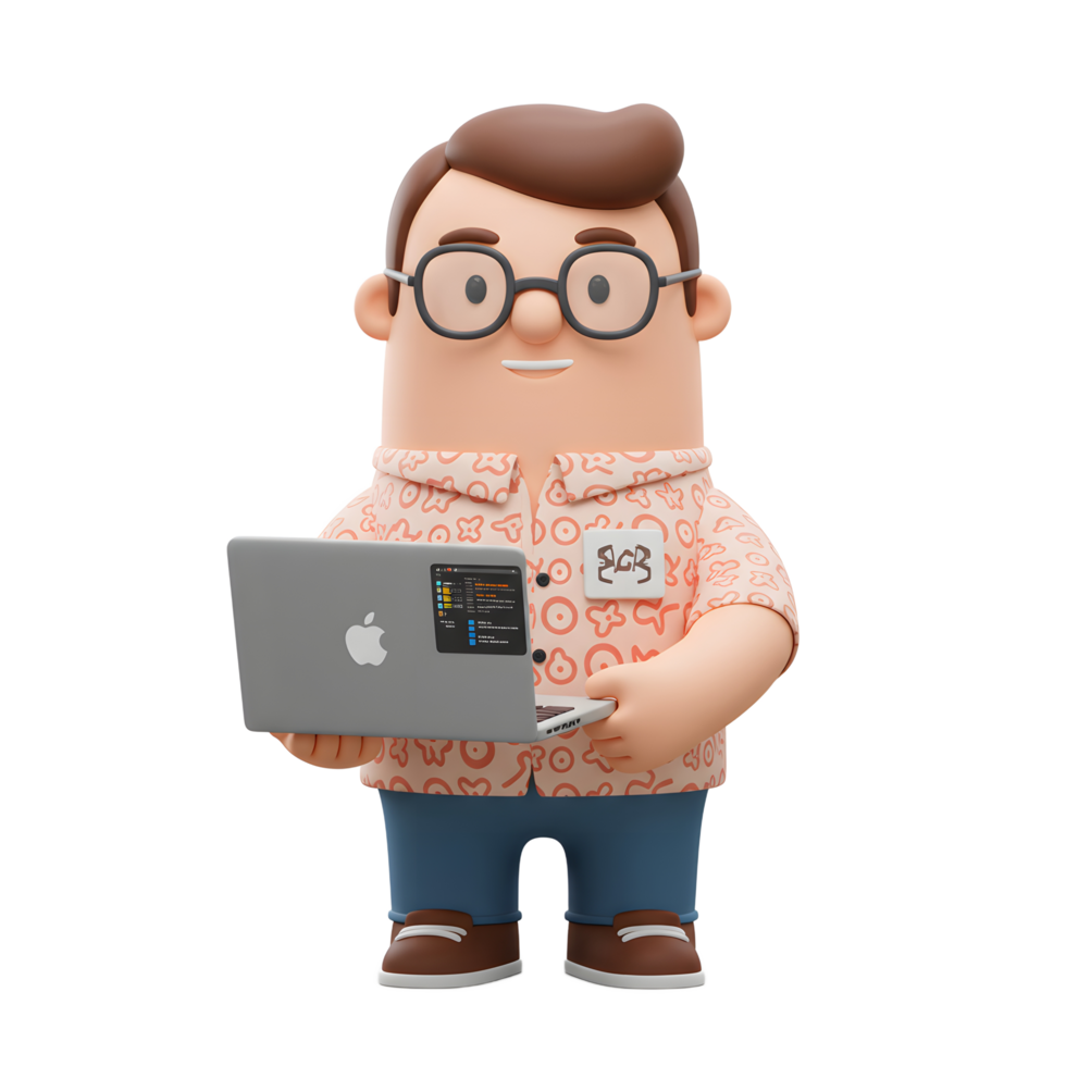 A cheerful cartoon programmer, clad in a peach shirt, holds a laptop. His glasses and friendly smile create a welcoming, happy mood. png