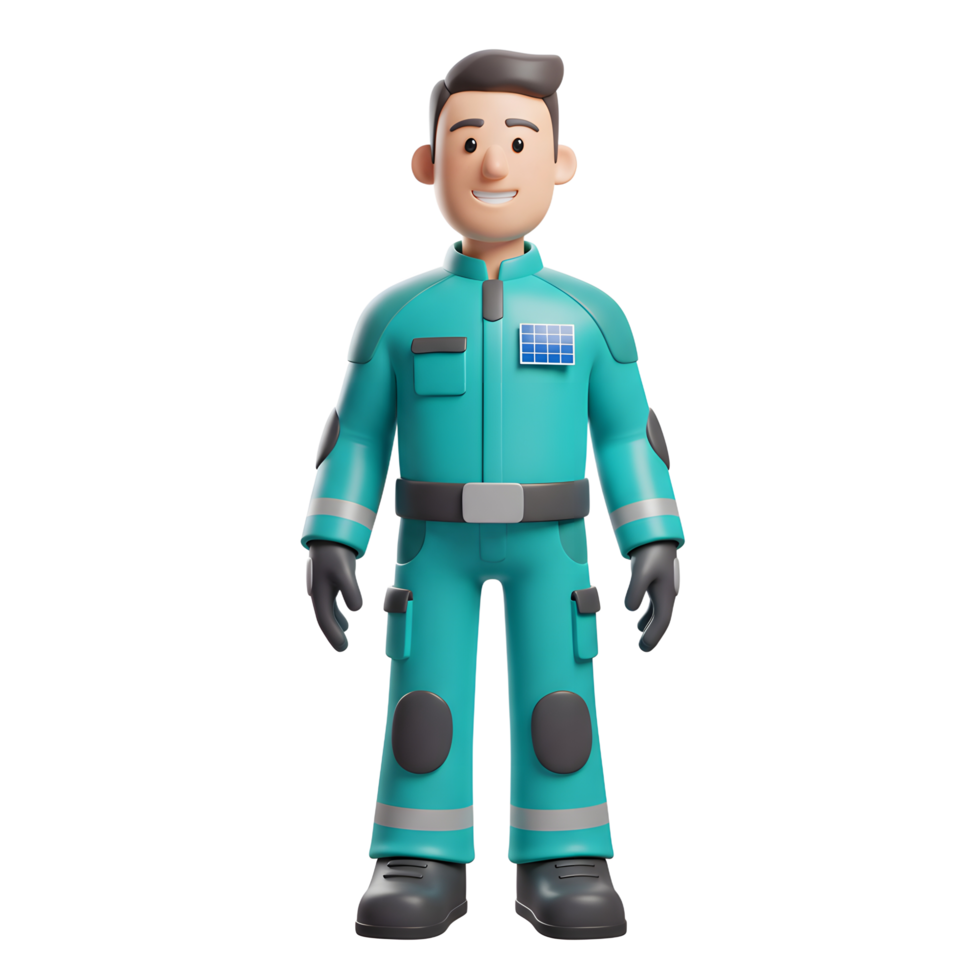 A cheerful cartoon solar technician, dressed in a teal jumpsuit and sporting a solar panel badge, stands ready to assist. Friendly and approachable png