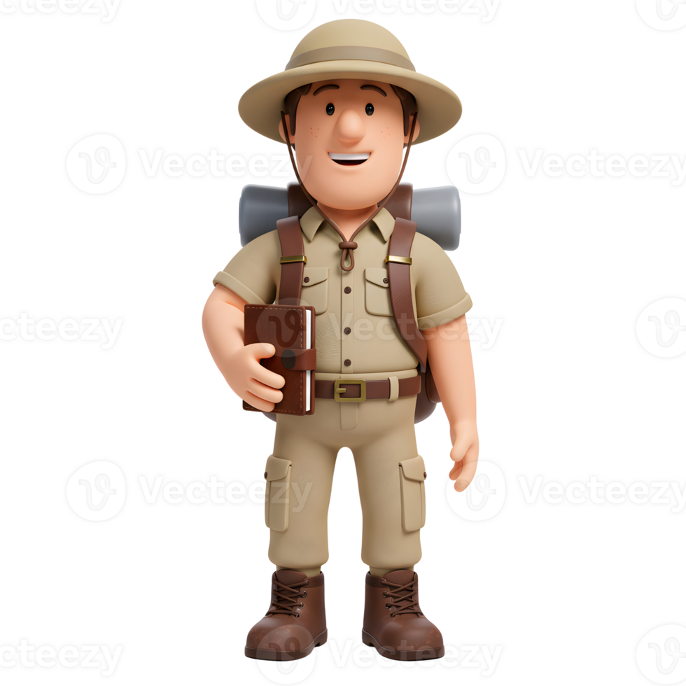 A happy cartoon explorer, ready for adventure He got his backpack, hat, and journal all set for the journey. A fun, optimistic mood. png