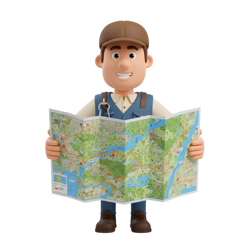 A cheerful cartoon tourist, cap askew, holds a colorful park map, planning an adventure. The scene evokes a joyful, carefree mood. png