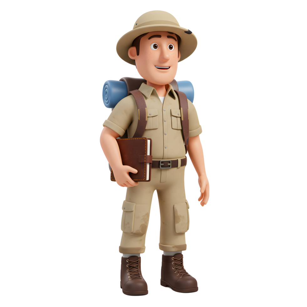 A happy cartoon explorer, ready for adventure He's carrying a backpack, journal, and khaki outfit, perfect for any journey. png