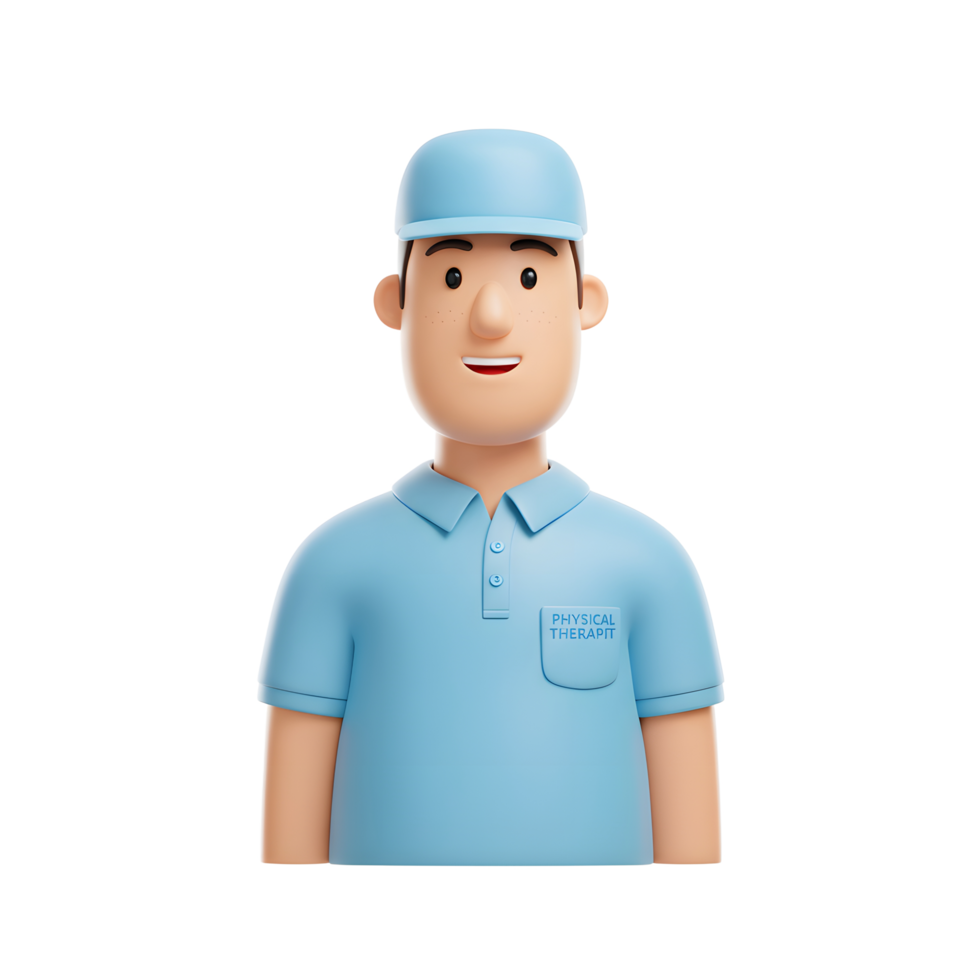 A smiling 3D cartoon physical therapist in a light blue polo shirt welcomes you. Friendly and approachable, he exudes professionalism and care. png