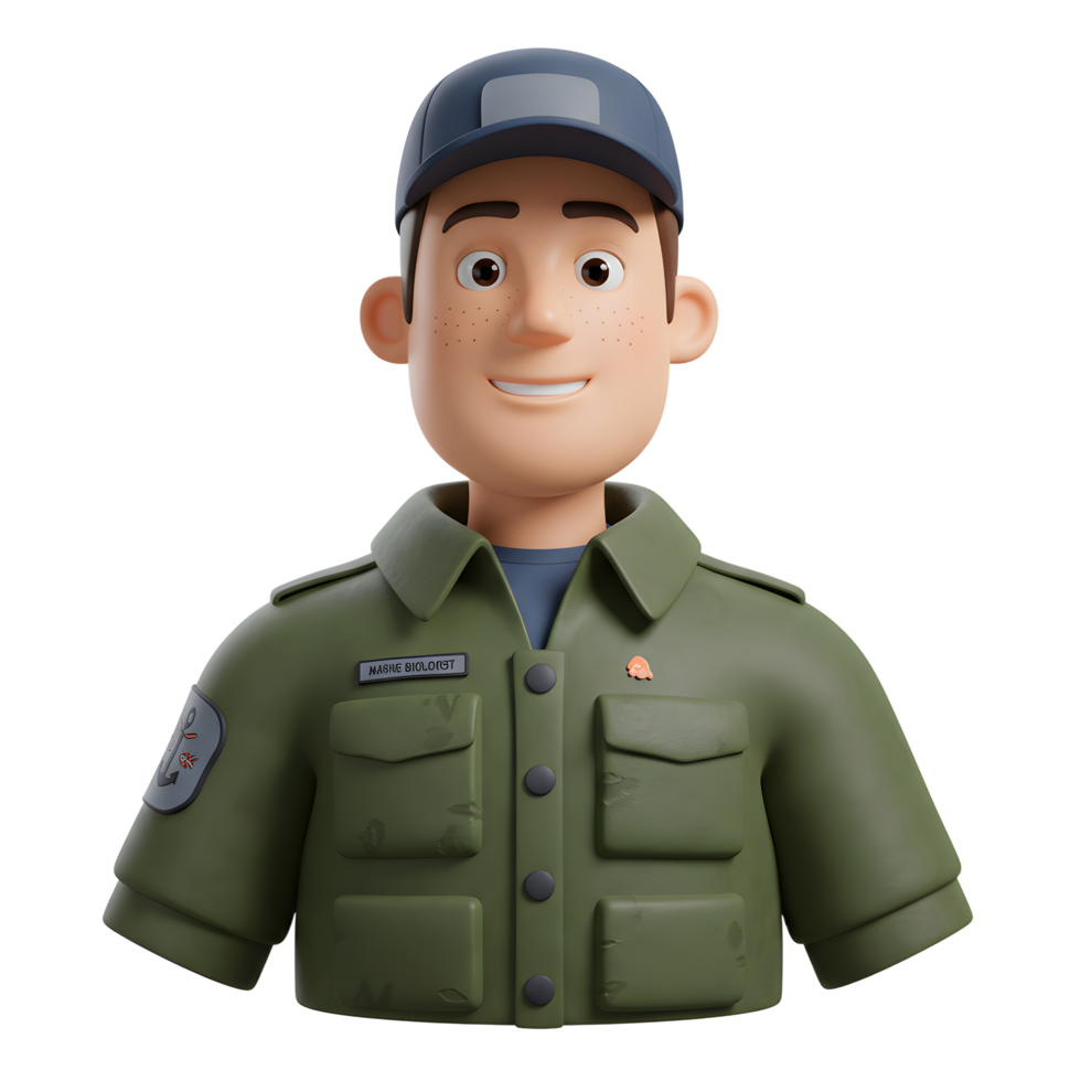 A cheerful 3D-rendered marine biologist smiles warmly. He's dressed in an olive green uniform and a navy blue cap, ready for adventure. png