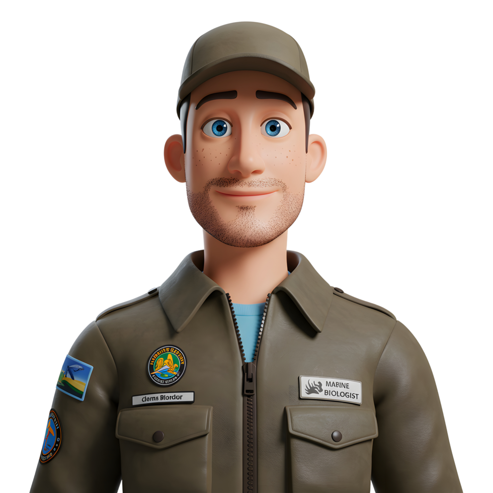 A cheerful cartoon marine biologist smiles warmly. He wears an olive green jacket with patches, a cap, and has bright blue eyes. A friendly and approachable character. png