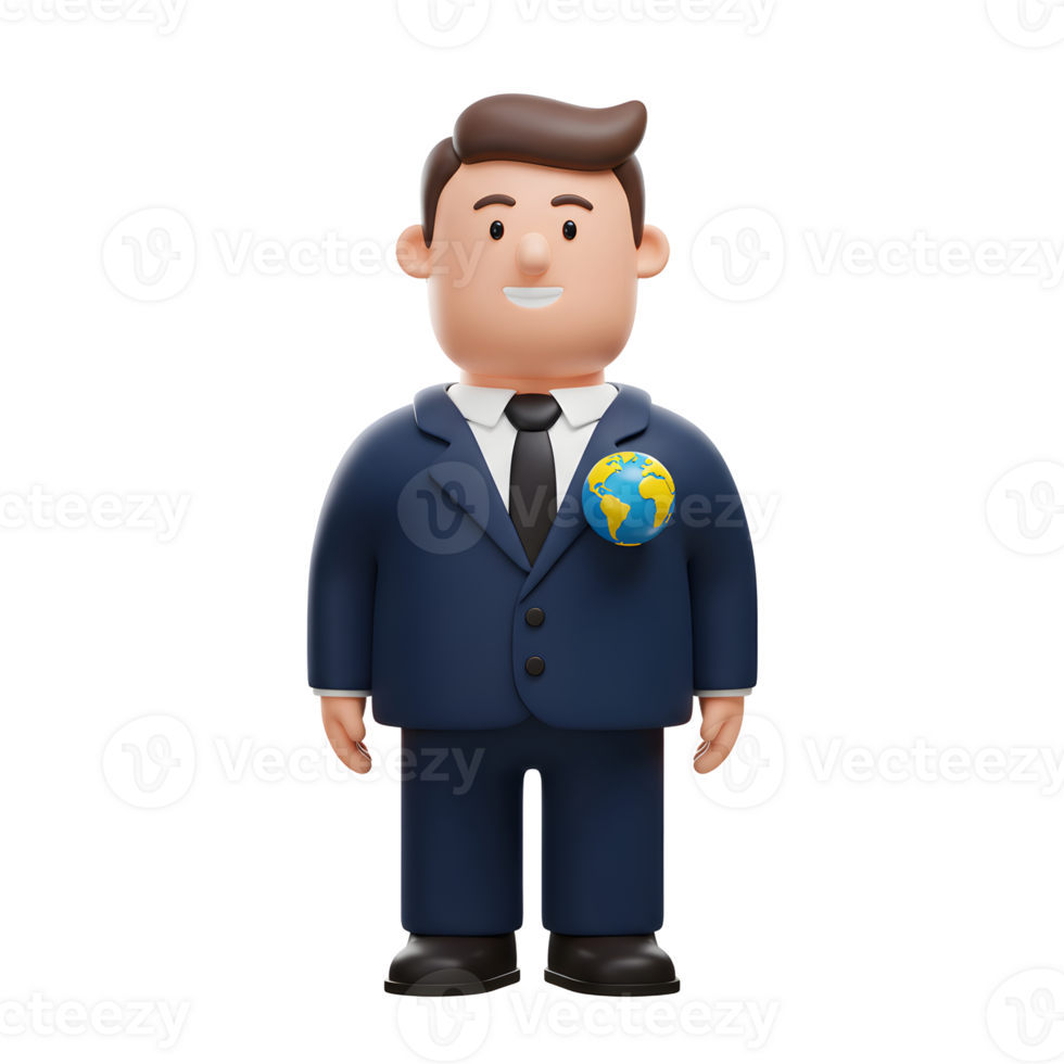 A cheerful 3D cartoon businessman, in a dark blue suit, proudly displays a small globe on his chest. Friendly and optimistic vibe. png