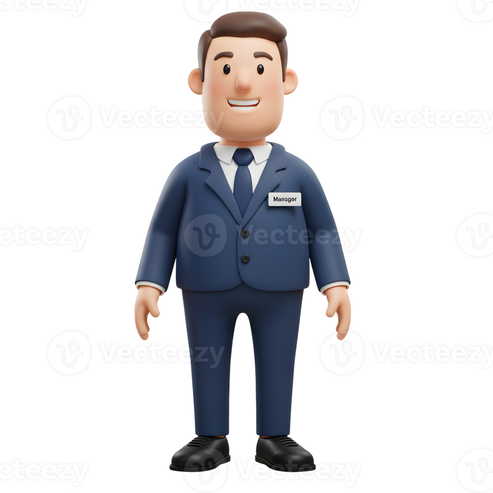 A cheerful 3D-rendered cartoon manager stands confidently, his navy suit and name tag conveying professionalism and approachability. The image exudes a friendly, optimistic mood. png