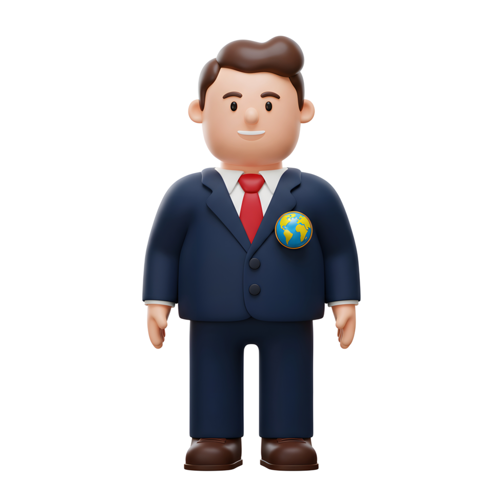 A cheerful 3D cartoon businessman, wearing a dark suit and red tie, proudly displays a small globe pin. His friendly smile conveys optimism and global connection. png