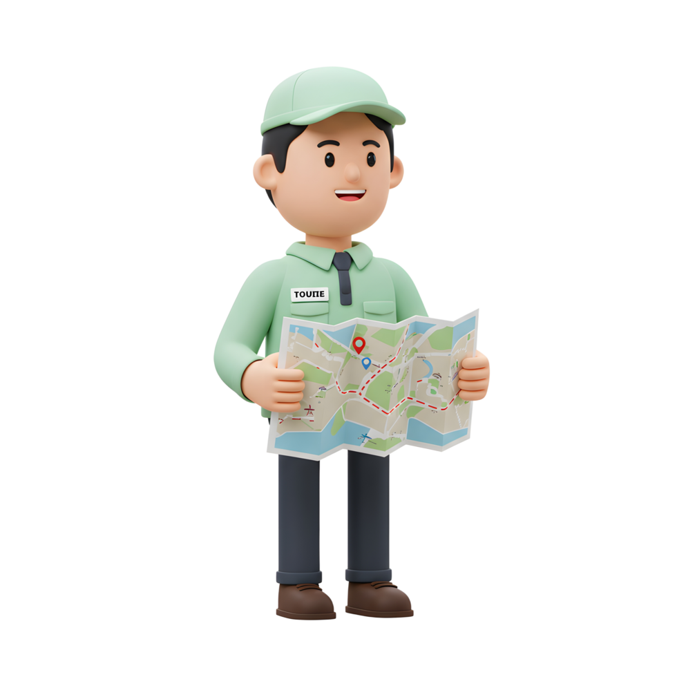 A cheerful cartoon guide holds a detailed city map, ready to assist. Bright colors and a friendly expression create a welcoming, helpful mood. png