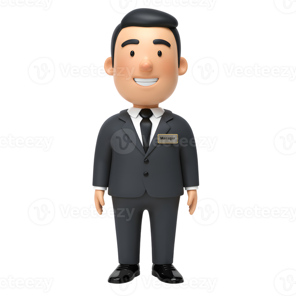 A cheerful cartoon manager, rendered in 3D, stands confidently in a dark suit. His name tag adds a professional touch. The image exudes approachability and friendliness. png