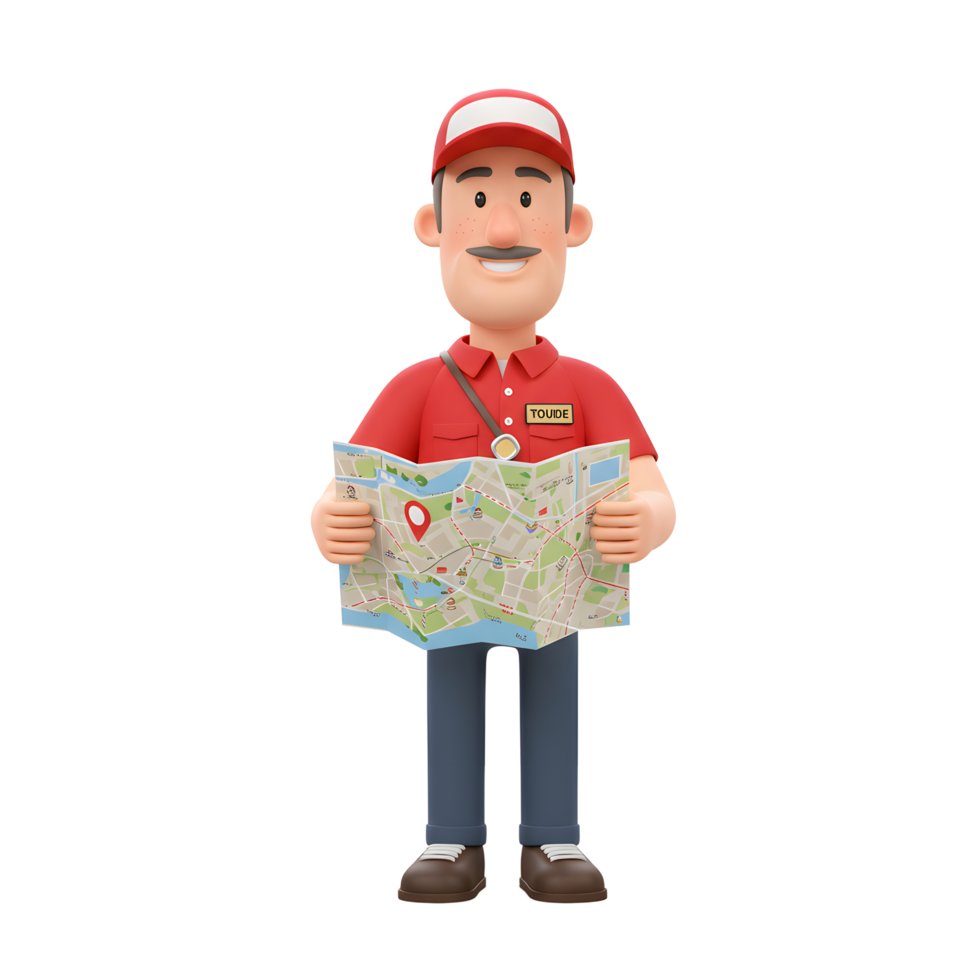 A friendly cartoon tour guide smiles warmly, holding a colorful city map, ready to show you the best spots. The cheerful vibe is perfect for travel planning png