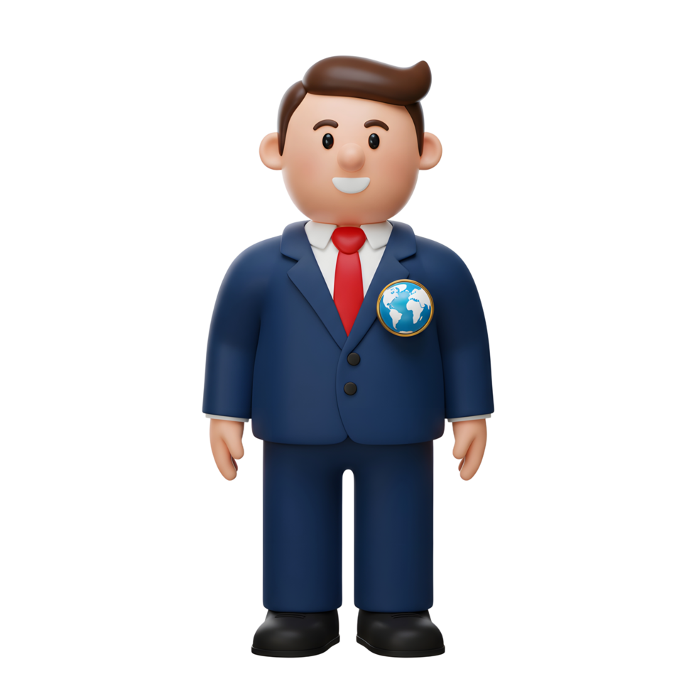A cheerful cartoon businessman, in a sharp blue suit and red tie, sports a global icon. He exudes friendliness and professionalism. png