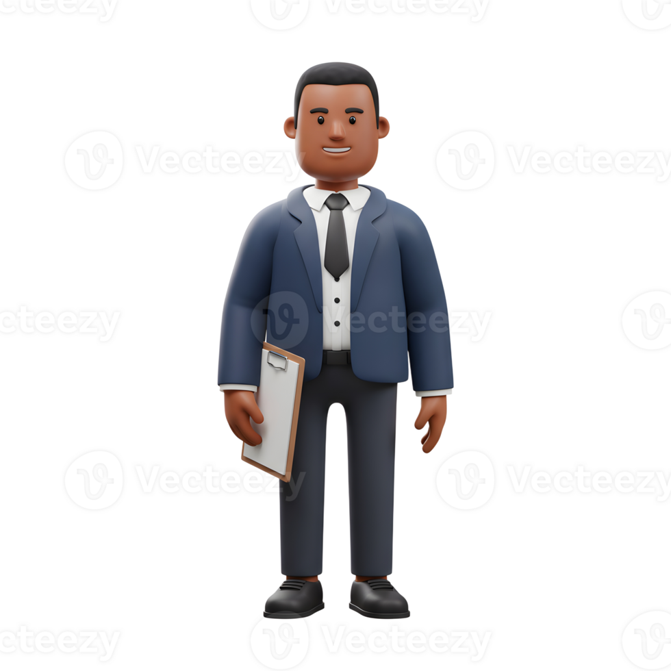 A friendly 3D-rendered businessman stands confidently, holding a clipboard. He's dressed in a sharp suit, conveying professionalism and approachability. png