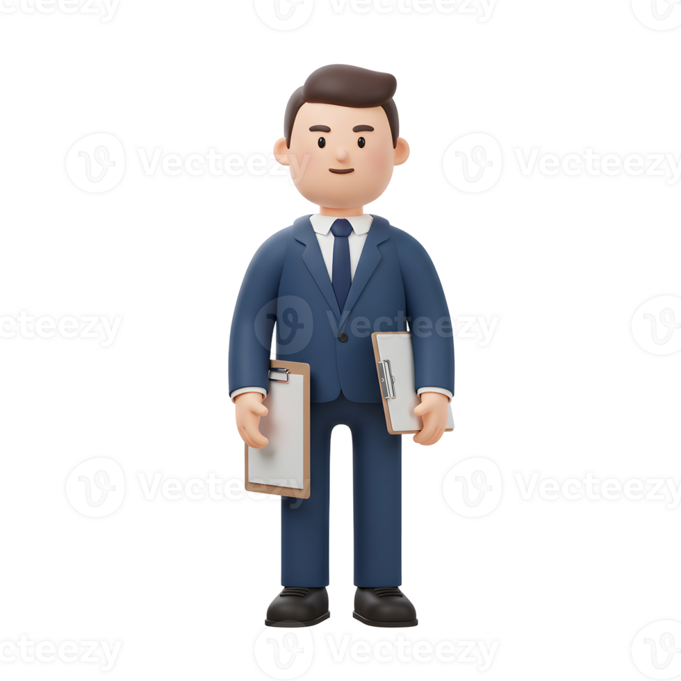 A cheerful cartoon businessman stands confidently, holding two clipboards. His friendly expression and crisp suit create a positive and professional mood. png