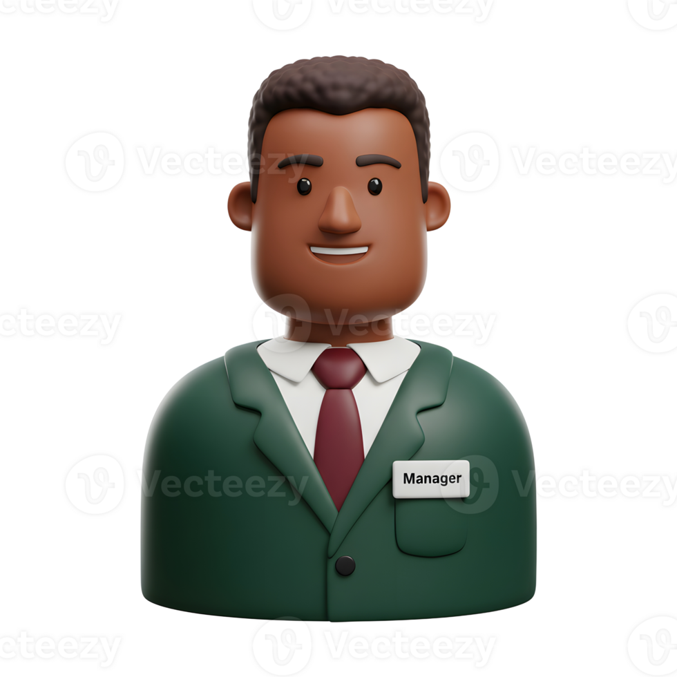 A cheerful 3D-rendered cartoon businessman, wearing a green suit and red tie, smiles warmly. His name tag reads 'Manager'. Friendly and approachable png
