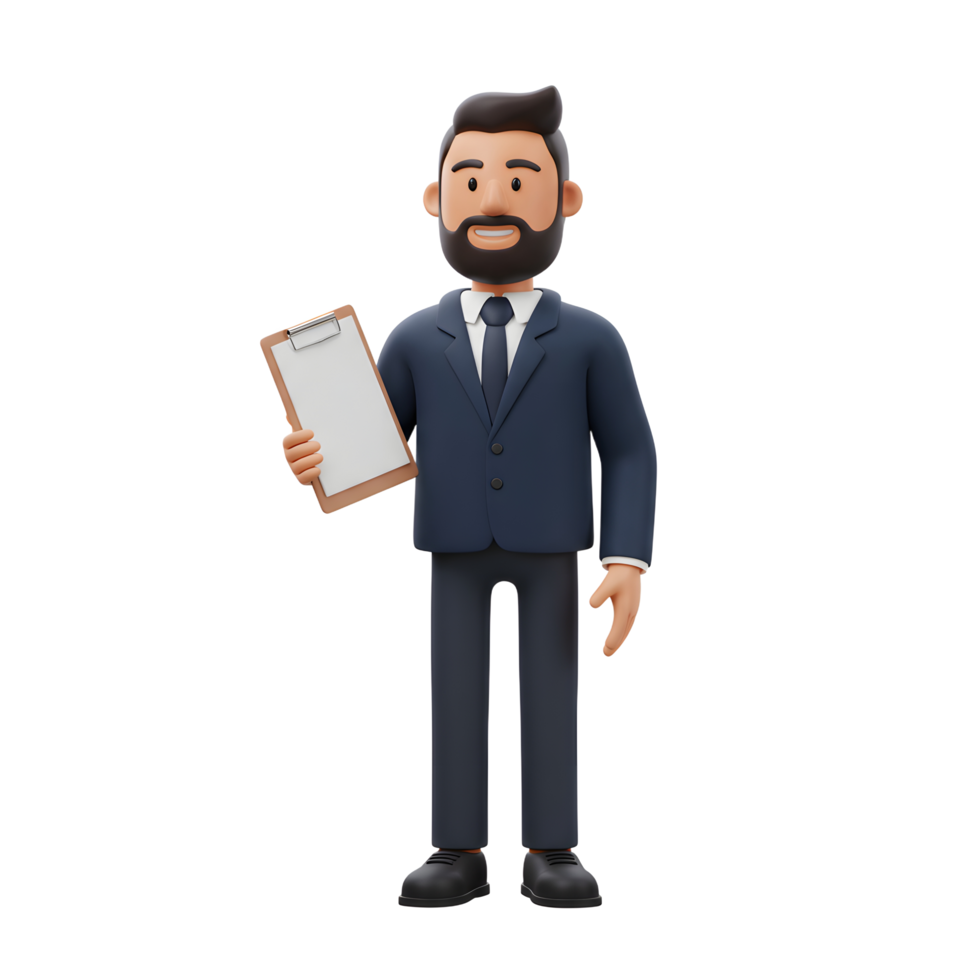 A cheerful 3D cartoon businessman holds a clipboard, ready for notes. His friendly expression and smart suit create a welcoming, approachable mood. png