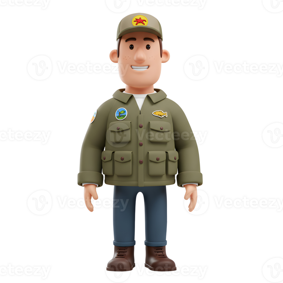 A cheerful cartoon park ranger smiles warmly, wearing an olive green jacket adorned with nature-themed patches. He's ready for adventure png
