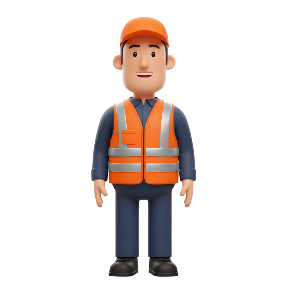 A friendly cartoon worker, wearing an orange safety vest and cap, smiles warmly. Simple, cheerful 3D style. png