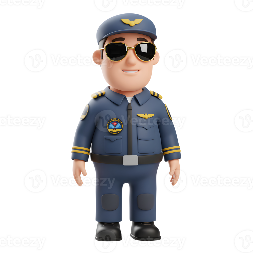 A cheerful cartoon pilot in a crisp uniform, cool shades, and a friendly smile stands ready for takeoff. This charming 3D render evokes a fun, adventurous mood. png