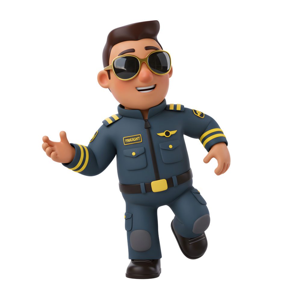 A jovial cartoon pilot, in a cool dark blue uniform and golden sunglasses, strides forward with a welcoming gesture. Fun, friendly, and ready for takeoff png