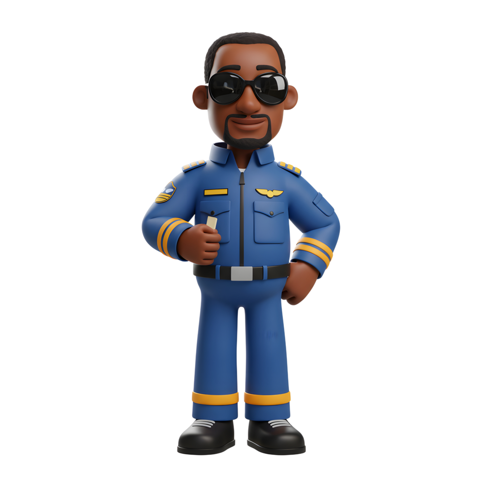 A friendly cartoon pilot, in a vibrant blue uniform and cool shades, stands confidently. He holds a pass, ready for takeoff Fun and positive vibe. png