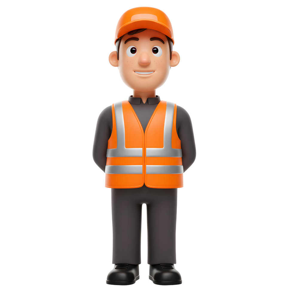 A friendly cartoon worker, wearing an orange safety vest and cap, stands with hands behind his back. He looks cheerful and ready to work. A fun, 3D illustration. png
