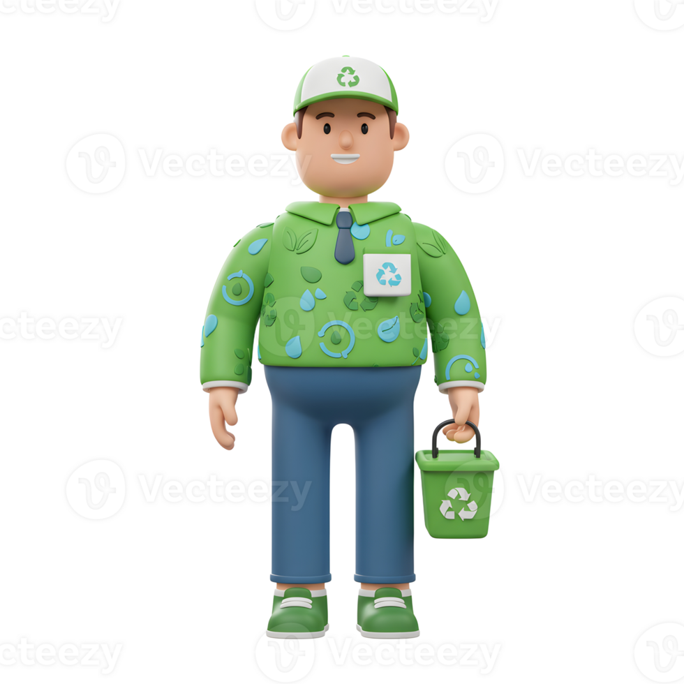A cheerful 3D cartoon recycling worker, in a green eco-shirt, holds a recycling bin. Friendly and vibrant, it conveys a positive message about sustainability. png