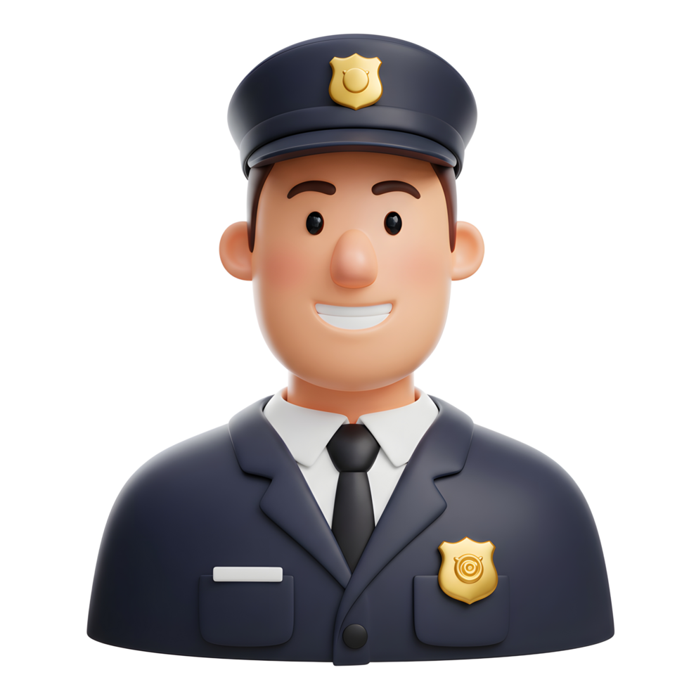 A cheerful cartoon police officer smiles warmly. His uniform is detailed, showcasing a friendly and approachable image. Perfect for security or community themes png