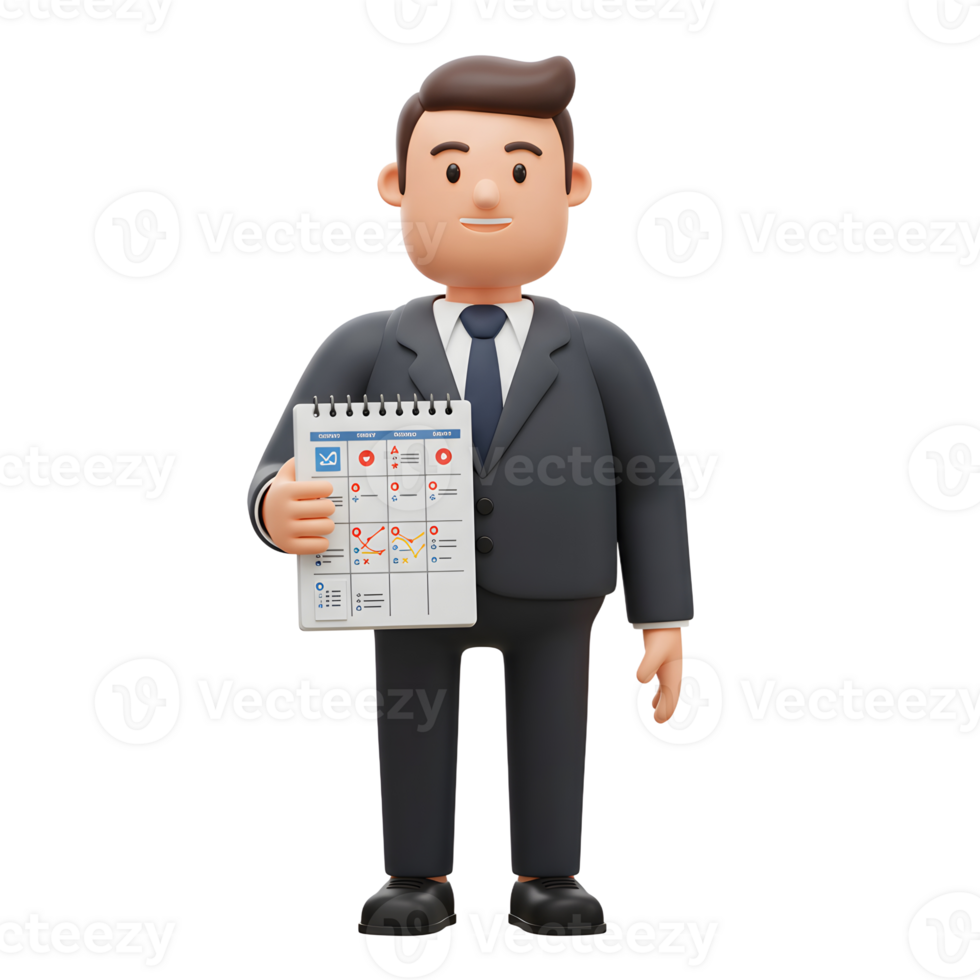 A friendly 3D businessman confidently displays his organized monthly schedule, filled with colorful graphs and icons. The scene is cheerful and professional. png
