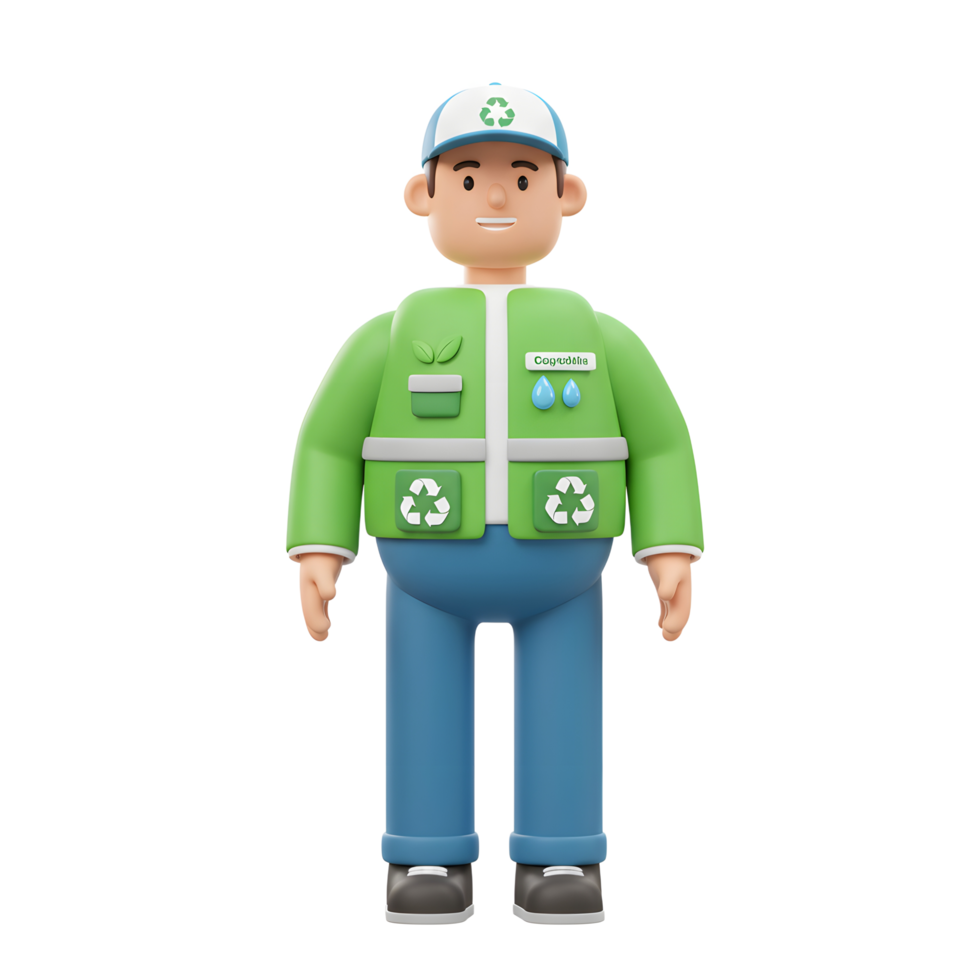 A cheerful 3D cartoon character, a recycling worker, smiles warmly. He's dressed in a bright green jacket adorned with eco-friendly symbols, conveying a positive message about sustainability. png