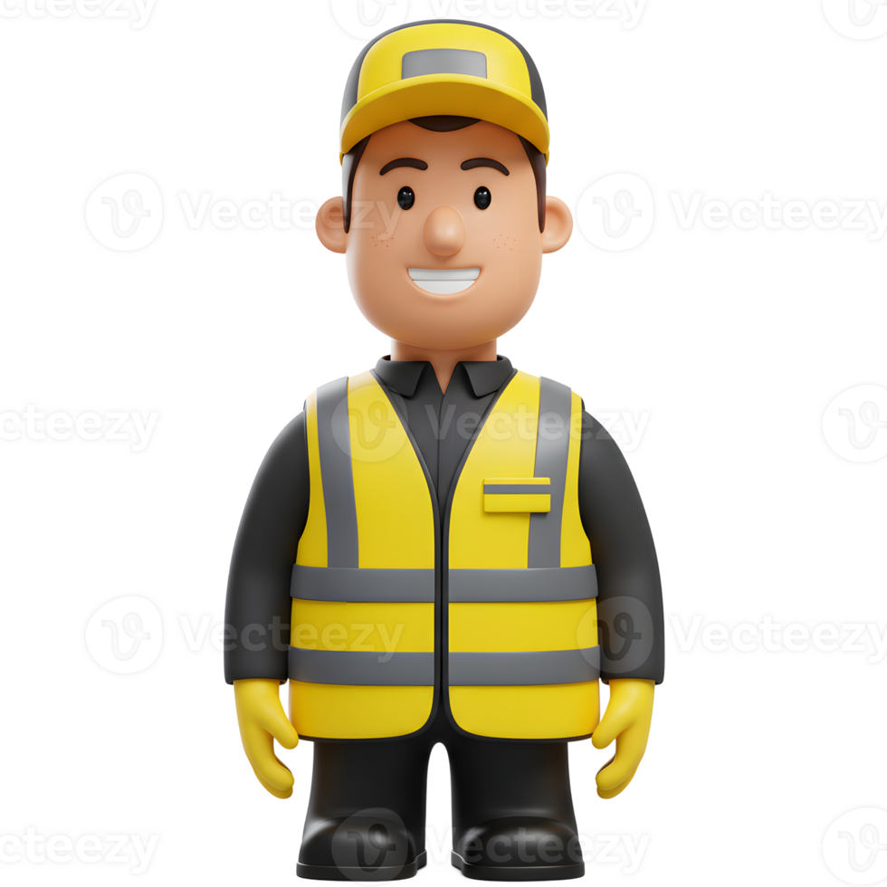 A cheerful cartoon worker, wearing a bright yellow safety vest and cap, smiles warmly. The 3D style creates a friendly and approachable image. png