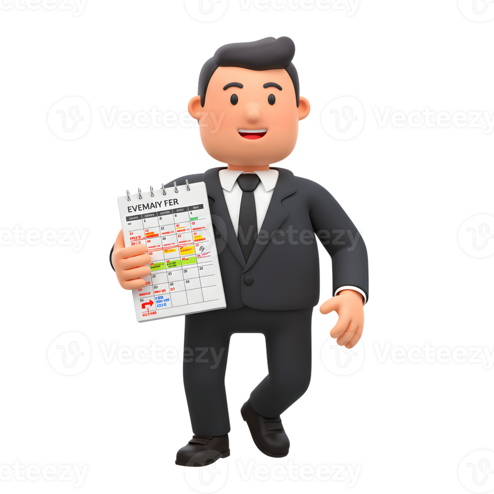 A cheerful 3D businessman confidently displays a February calendar marked with colorful notes. The scene exudes positivity and efficiency. png