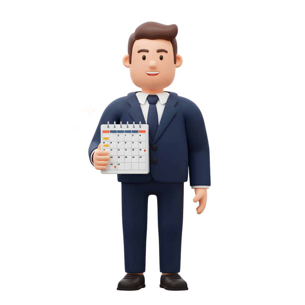 A cheerful 3D businessman presents a monthly calendar, radiating positivity and efficiency. Perfect for scheduling and planning themes. png