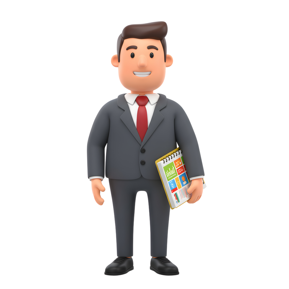 A cheerful cartoon businessman in a grey suit smiles warmly while holding a colorful notebook. The scene is bright and friendly, conveying professionalism and approachability. png