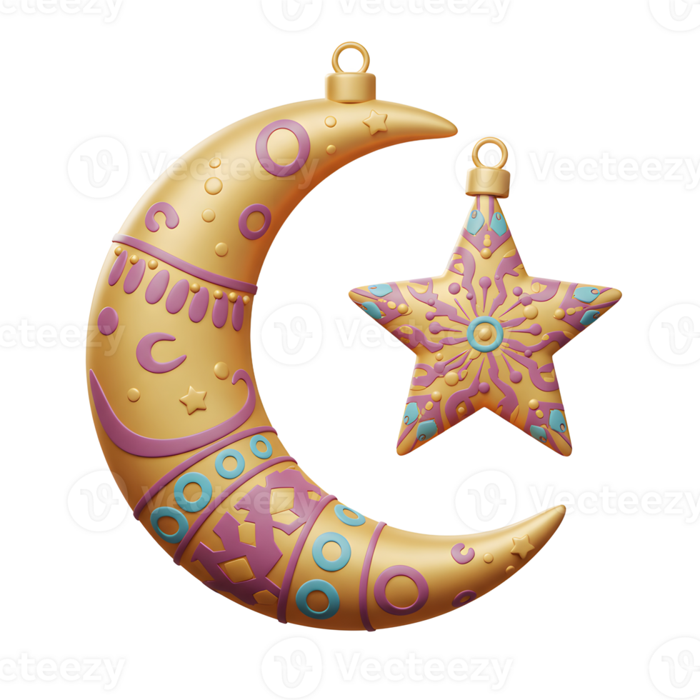A captivating image of a golden crescent moon and star, adorned with intricate purple and teal patterns. The festive ornaments exude warmth and a celebratory mood. png