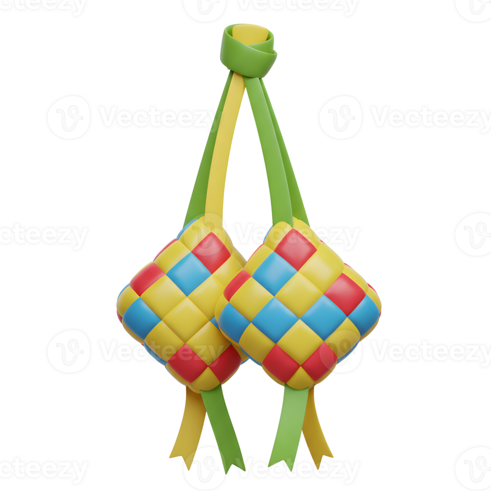 Two vibrant ketupat, woven in cheerful red, yellow, and blue, hang from green and yellow ribbons. A joyful, celebratory scene png