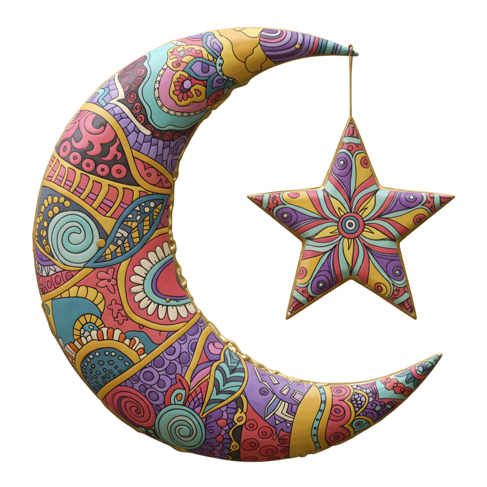 A whimsical crescent moon, adorned with colorful mandala patterns, hangs a matching star. The joyful, vibrant colors evoke a festive and celebratory mood. png