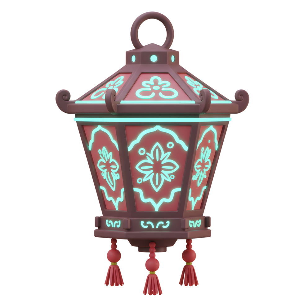 A charming red lantern hangs, adorned with glowing teal floral patterns. Its intricate details and tassels create a warm, festive mood. png