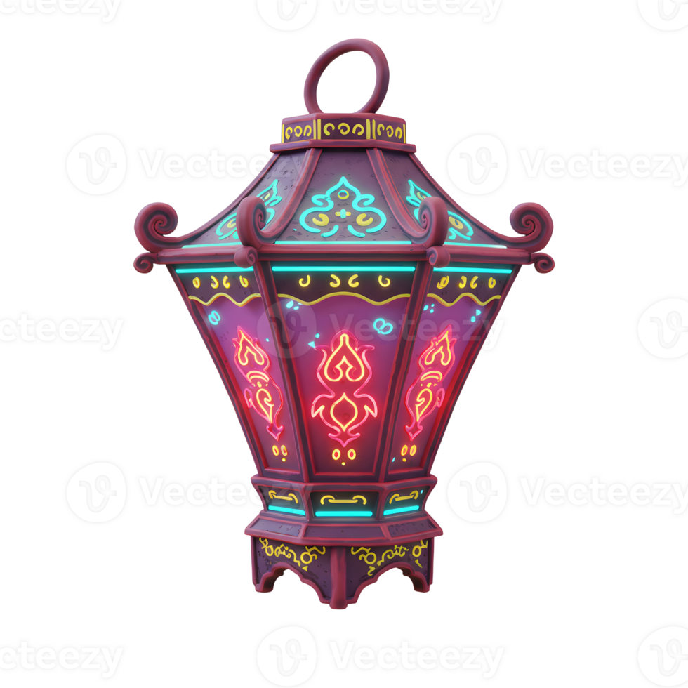 A captivating, ornate lantern glows with vibrant neon accents. Intricate detailing and a rich, dark-red hue create a magical, festive atmosphere. png