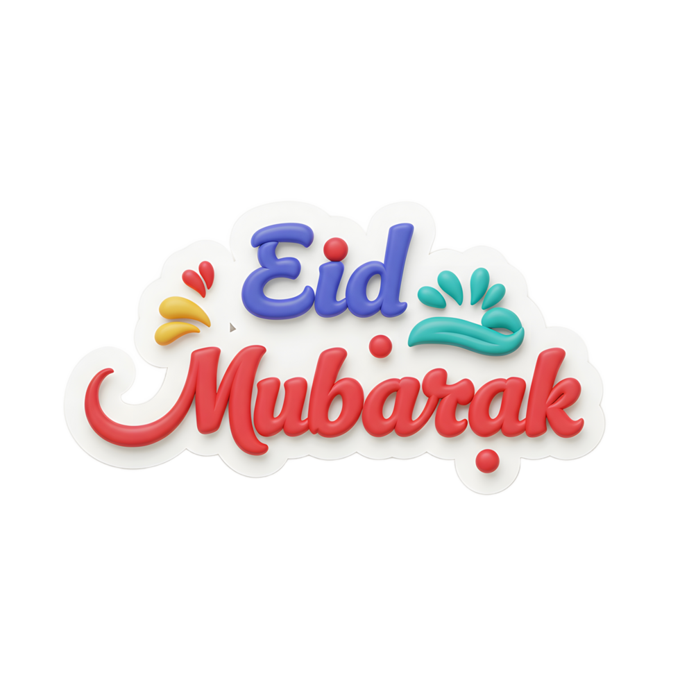A cheerful Eid Mubarak greeting in vibrant 3D lettering Red, blue, and teal text pops against a white background, enhanced by playful, colorful accents. png