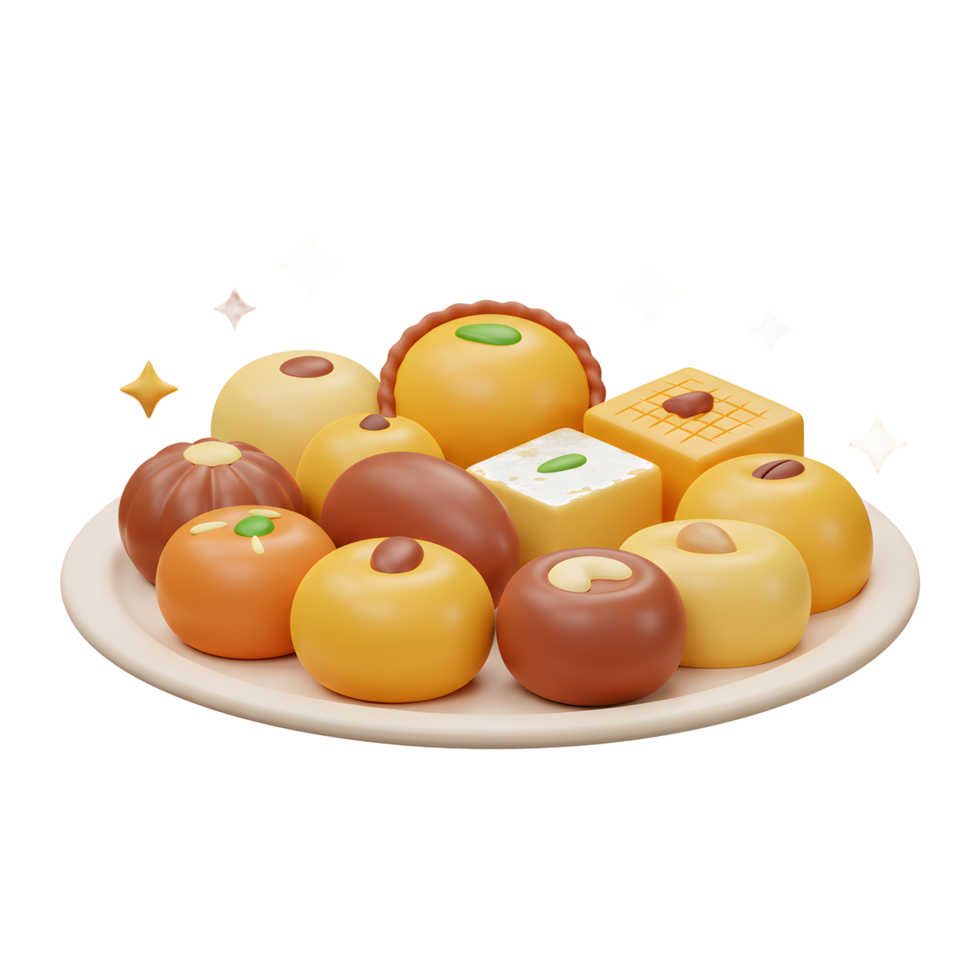 A plate brimming with assorted Indian sweets, each one a miniature masterpiece of color and texture. Warm, inviting, and delicious-looking png