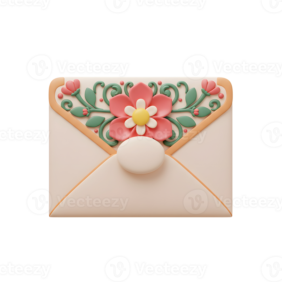 A delightful pastel envelope adorned with a charming 3D floral design. Soft colors and intricate details create a sweet, romantic mood. png
