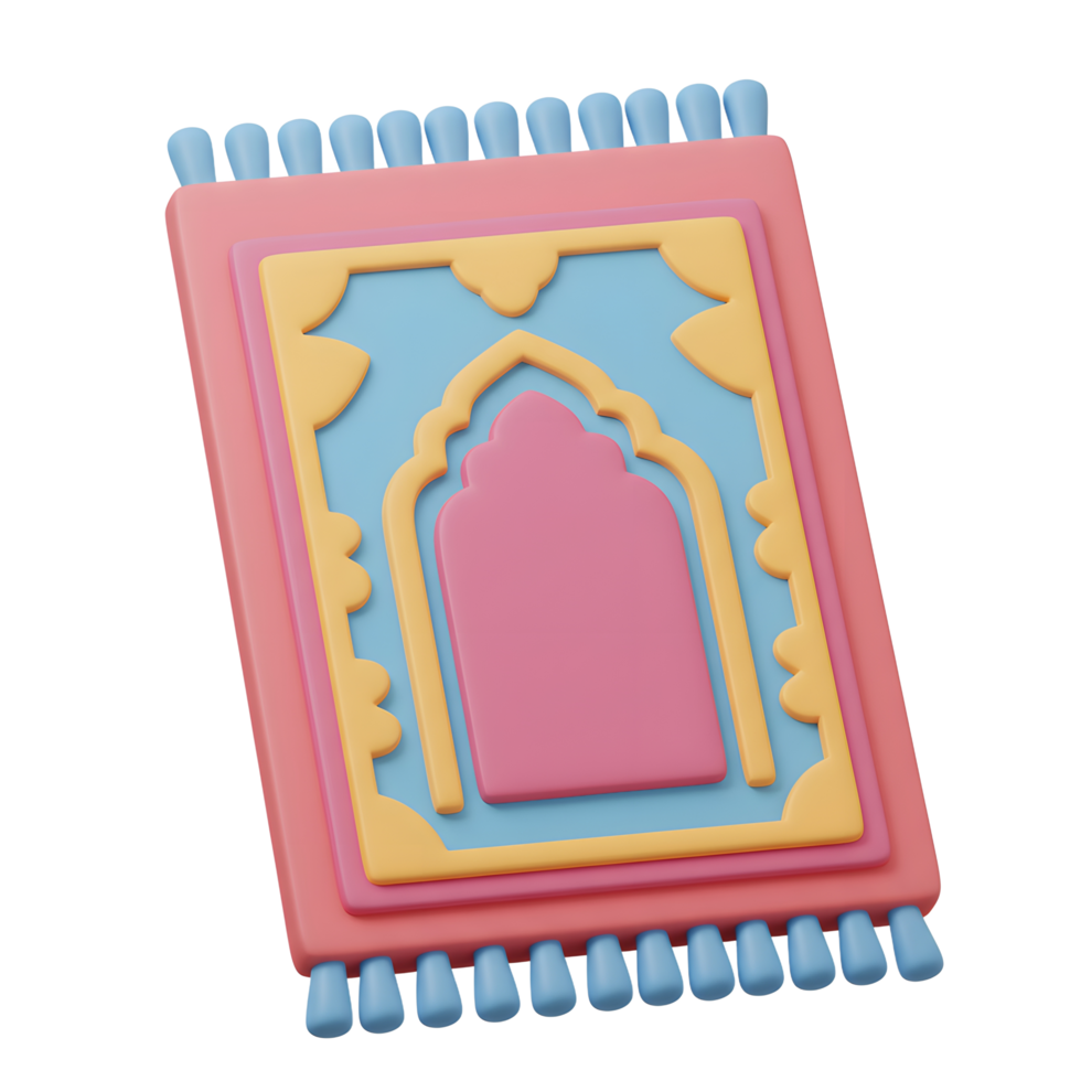 A cheerful, pastel-colored prayer mat, digitally rendered in 3D, features a playful design with a central arch motif. It's a charming and modern take on a traditional item. png